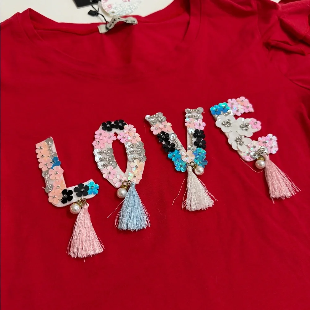 LOVE Red Ruffle Sleeve Tee - Picture 2 of 4